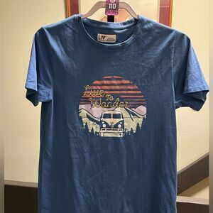 NWOT Men's Medium Blue Graphic T-Shirt “Live To Wander”, VW Bus #110